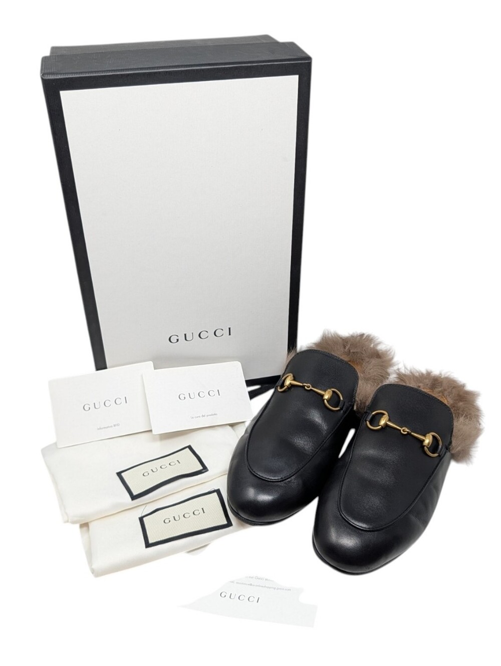 Gucci Fur Black Leather Princetown Mule Loafer Size EU 38